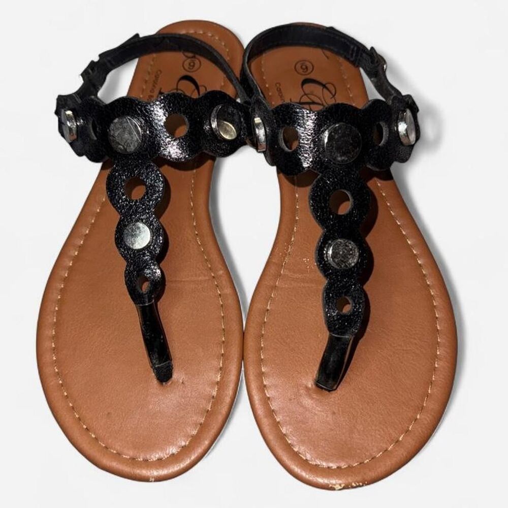Black Studded Thong Sandals with Scalloped Buckle Ankle Strap, size 6